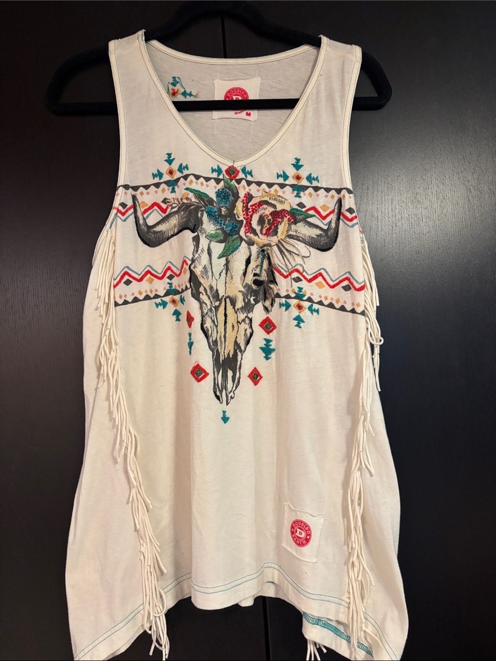 Double-D Ranch Boho Ivory Graphic Fringe Tank Top with Bull Skull